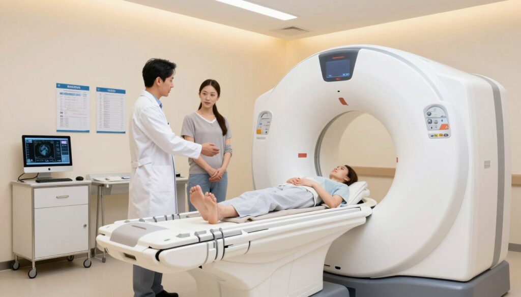 A modern MRI machine in a bright, clean medical facility forms the foreground, showcasing the intricate design and high-tech details of the device. To the left, a healthcare professional in a white lab coat stands beside the machine, confidently discussing procedures with a patient dressed in comfortable yet modest clothing, who appears relaxed and reassured. The middle ground features medical charts and a computer screen displaying scan results, adding to the clinical atmosphere. The background consists of soft pastel walls and overhead lights casting a warm glow, creating a welcoming environment. The overall mood is calm and informative, reflecting a professional setting where patients feel safe and informed about their post-MRI activities. The image should be high-quality, with a focus on clarity and detail, shot from a slightly elevated angle. A modern MRI machine in a bright, clean medical facility forms the foreground, showcasing the intricate design and high-tech details of the device. To the left, a healthcare professional in a white lab coat stands beside the machine, confidently discussing procedures with a patient dressed in comfortable yet modest clothing, who appears relaxed and reassured. The middle ground features medical charts and a computer screen displaying scan results, adding to the clinical atmosphere. The background consists of soft pastel walls and overhead lights casting a warm glow, creating a welcoming environment. The overall mood is calm and informative, reflecting a professional setting where patients feel safe and informed about their post-MRI activities. The image should be high-quality, with a focus on clarity and detail, shot from a slightly elevated angle.
