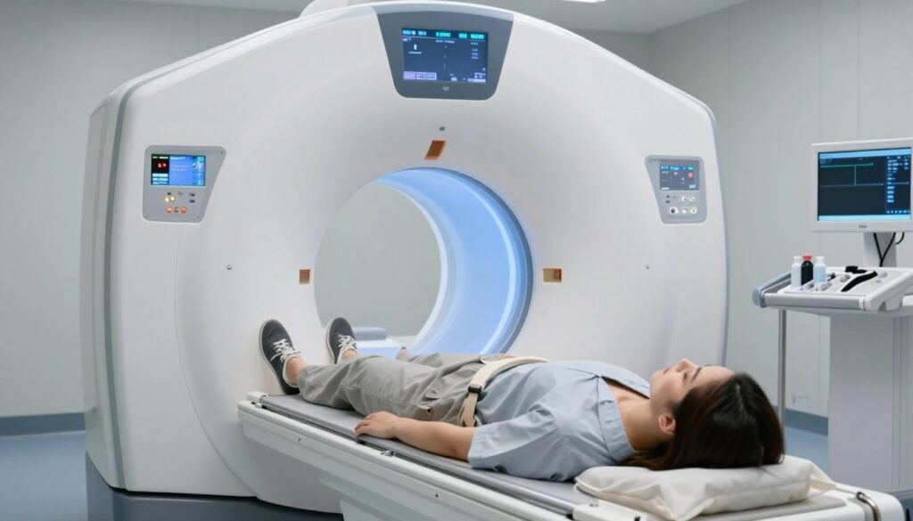 A modern magnetic resonance imaging (MRI) room, featuring a sleek, high-tech MRI machine in a well-lit, sanitized environment. The foreground includes a concerned yet calm patient in modest casual clothing, lying on the MRI table, preparing for the scan. The middle section showcases the machine's large circular opening, with soft blue and white lighting creating a serene atmosphere. In the background, illuminated control panels and medical equipment are visible, emphasizing a professional medical setting. The scene conveys a sense of safety, care, and advanced technology, highlighting the importance of whole-body MRI diagnostics in medical examinations. The overall mood is reassuring and informative, suitable for a healthcare article. A modern magnetic resonance imaging (MRI) room, featuring a sleek, high-tech MRI machine in a well-lit, sanitized environment. The foreground includes a concerned yet calm patient in modest casual clothing, lying on the MRI table, preparing for the scan. The middle section showcases the machine's large circular opening, with soft blue and white lighting creating a serene atmosphere. In the background, illuminated control panels and medical equipment are visible, emphasizing a professional medical setting. The scene conveys a sense of safety, care, and advanced technology, highlighting the importance of whole-body MRI diagnostics in medical examinations. The overall mood is reassuring and informative, suitable for a healthcare article.