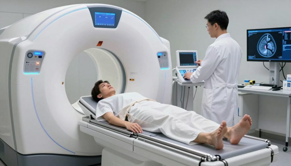 A modern magnetic resonance imaging (MRI) room focused on the pancreas examination. In the foreground, a patient lies on a metal MRI table, wearing modest hospital attire, with a concerned yet calm expression. The MRI machine is sleek and futuristic, illuminated with soft blue and white LED lights, indicating it is operational. In the midground, a technician in a white lab coat adjusts a control panel, maintaining a professional demeanor. The background showcases advanced medical equipment and monitors displaying digital images of the pancreas, emphasizing the technical nature of the examination. The setting is well-lit, creating a clean, clinical atmosphere that conveys a sense of safety and professionalism. The angle captures both the patient and the MRI machine, providing a comprehensive view of the procedure.