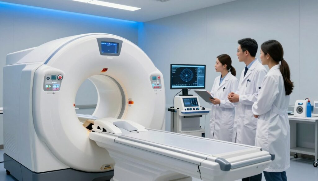 A modern medical imaging room with a focus on a state-of-the-art computed tomography (CT) scanner. In the foreground, the CT machine is prominently displayed, showing its sleek, white design and circular opening. To the side, medical professionals in lab coats are examining digital images on a monitor, discussing findings with a look of concentration. In the middle ground, medical equipment and tools are neatly arranged, while a soft blue light emanates from above, creating a calm and sterile atmosphere. The background features a faint outline of an MRI machine, subtly hinting at comparative medical imaging technologies. The overall mood is professional and focused, emphasizing the advanced technology used in diagnostic procedures. A modern medical imaging room with a focus on a state-of-the-art computed tomography (CT) scanner. In the foreground, the CT machine is prominently displayed, showing its sleek, white design and circular opening. To the side, medical professionals in lab coats are examining digital images on a monitor, discussing findings with a look of concentration. In the middle ground, medical equipment and tools are neatly arranged, while a soft blue light emanates from above, creating a calm and sterile atmosphere. The background features a faint outline of an MRI machine, subtly hinting at comparative medical imaging technologies. The overall mood is professional and focused, emphasizing the advanced technology used in diagnostic procedures.