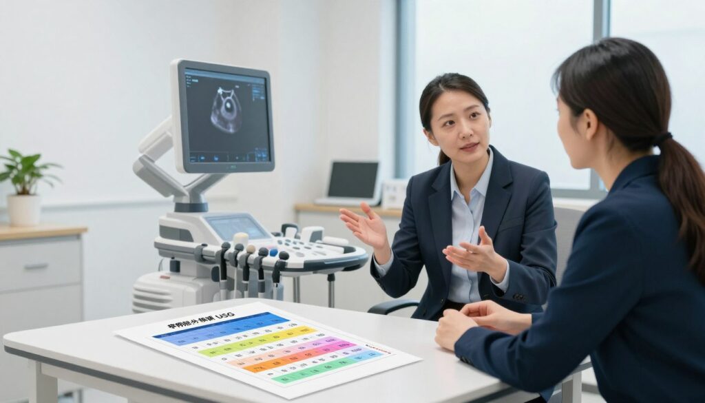 A modern medical office environment showcasing a professional consultation for a thyroid ultrasound (USG) pricing comparison. In the foreground, a neatly organized table displaying a colorful chart with thyroid ultrasound cost variations across major cities. The mid-ground features a focused ultrasound machine, with a sleek, high-tech design. A healthcare professional, dressed in smart business attire, is explaining details to a patient, who appears attentive and engaged. The background shows a clean, well-lit medical office with soft, natural light filtering through large windows, creating a calm and informative atmosphere. The angle captures both the consultation and the cost chart effectively, ensuring clarity and professionalism in presentation. A modern medical office environment showcasing a professional consultation for a thyroid ultrasound (USG) pricing comparison. In the foreground, a neatly organized table displaying a colorful chart with thyroid ultrasound cost variations across major cities. The mid-ground features a focused ultrasound machine, with a sleek, high-tech design. A healthcare professional, dressed in smart business attire, is explaining details to a patient, who appears attentive and engaged. The background shows a clean, well-lit medical office with soft, natural light filtering through large windows, creating a calm and informative atmosphere. The angle captures both the consultation and the cost chart effectively, ensuring clarity and professionalism in presentation.