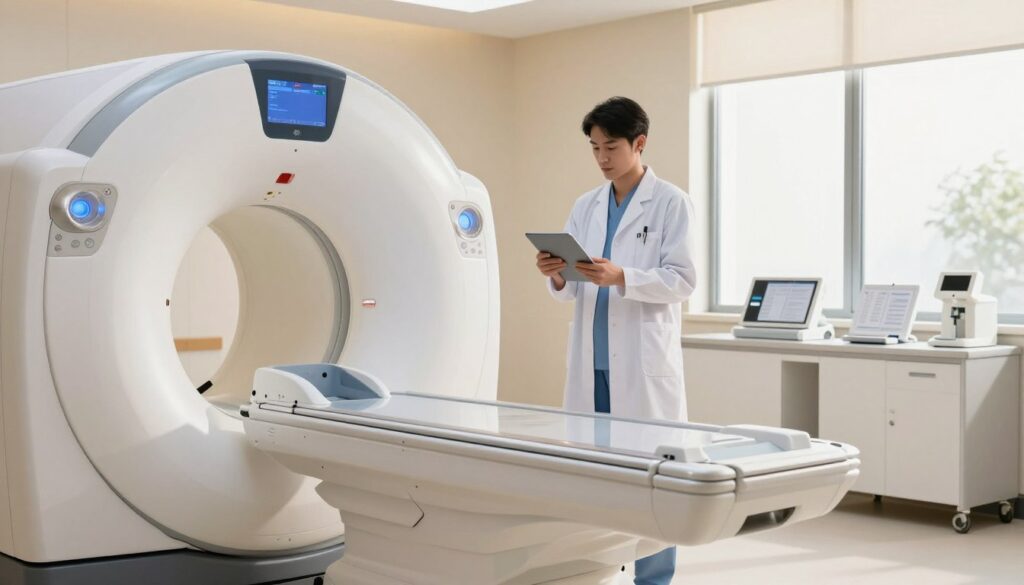 A modern, well-lit MRI room featuring a state-of-the-art MRI machine in the foreground. The machine is sleek and metallic, with soft blue and white lights illuminating the area. In the middle ground, a medical professional in a white lab coat examines a digital tablet, looking focused and professional. There are medical charts and equipment neatly organized on a nearby counter. The background shows a calming, light-colored room with large windows allowing natural light to flood in, creating a warm and inviting atmosphere. The overall mood is one of professionalism and care in a healthcare setting, emphasizing the importance and modernity of MRI technology. A modern, well-lit MRI room featuring a state-of-the-art MRI machine in the foreground. The machine is sleek and metallic, with soft blue and white lights illuminating the area. In the middle ground, a medical professional in a white lab coat examines a digital tablet, looking focused and professional. There are medical charts and equipment neatly organized on a nearby counter. The background shows a calming, light-colored room with large windows allowing natural light to flood in, creating a warm and inviting atmosphere. The overall mood is one of professionalism and care in a healthcare setting, emphasizing the importance and modernity of MRI technology.
