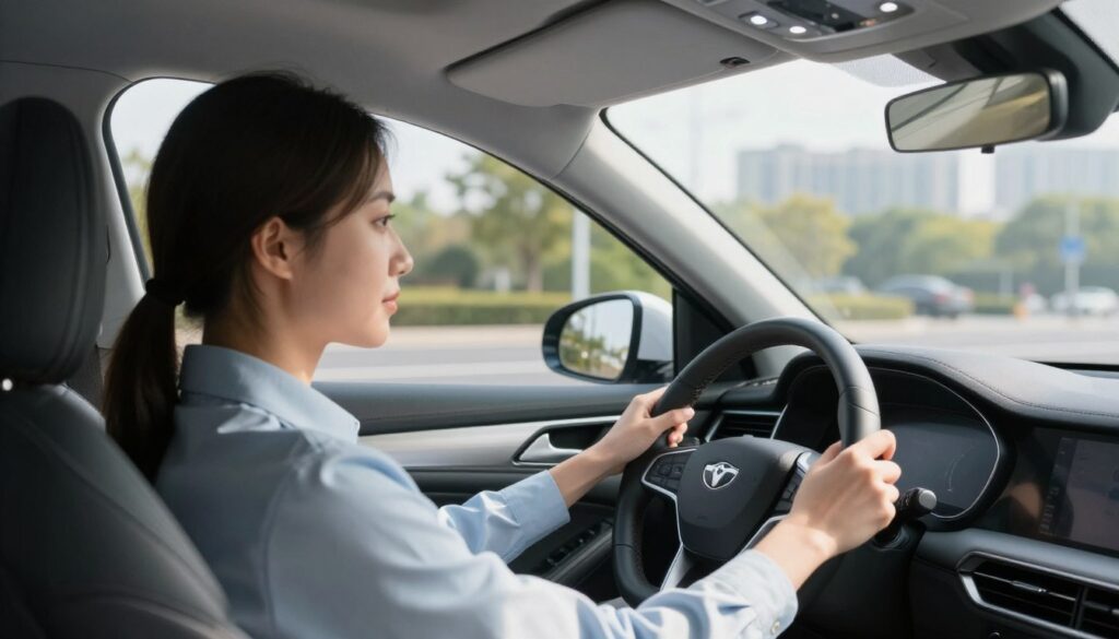 A person sitting in a modern car, focused intently on the road ahead, softly illuminated by natural daylight streaming through the windshield. The foreground features the interior of the car, showcasing a sleek dashboard and steering wheel. In the middle ground, the driver, dressed in professional business attire, reflects a calm and confident posture, emphasizing responsible driving. In the background, a blurred cityscape is visible, with trees lining the roads and buildings in soft focus, indicating a typical urban environment. The lighting is bright and inviting, creating an atmosphere of clarity and safety. The angle captures the driver's profile, emphasizing their attention on the road while conveying the importance of safe driving after medical procedures. A person sitting in a modern car, focused intently on the road ahead, softly illuminated by natural daylight streaming through the windshield. The foreground features the interior of the car, showcasing a sleek dashboard and steering wheel. In the middle ground, the driver, dressed in professional business attire, reflects a calm and confident posture, emphasizing responsible driving. In the background, a blurred cityscape is visible, with trees lining the roads and buildings in soft focus, indicating a typical urban environment. The lighting is bright and inviting, creating an atmosphere of clarity and safety. The angle captures the driver's profile, emphasizing their attention on the road while conveying the importance of safe driving after medical procedures.