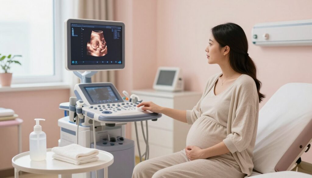 A pregnant woman in a cozy, well-lit medical examination room, preparing for an ultrasound. She is seated on an examination bed, dressed in modest casual clothing, looking calm and focused. In the foreground, there are medical supplies like ultrasound gel and a small towel neatly arranged on a nearby table. The middle ground features a modern ultrasound machine with a screen displaying early developmental images of a fetus. In the background, soft pastel colors adorn the walls, creating a soothing atmosphere with soft diffused natural lighting coming through a window. The overall mood is serene and supportive, capturing the anticipation and care during pregnancy examinations. A pregnant woman in a cozy, well-lit medical examination room, preparing for an ultrasound. She is seated on an examination bed, dressed in modest casual clothing, looking calm and focused. In the foreground, there are medical supplies like ultrasound gel and a small towel neatly arranged on a nearby table. The middle ground features a modern ultrasound machine with a screen displaying early developmental images of a fetus. In the background, soft pastel colors adorn the walls, creating a soothing atmosphere with soft diffused natural lighting coming through a window. The overall mood is serene and supportive, capturing the anticipation and care during pregnancy examinations.