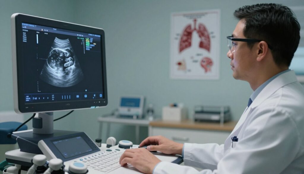A professional medical environment with a focus on pulmonary ultrasound (USG) interpretation. In the foreground, a state-of-the-art ultrasound machine is positioned, displaying a detailed image of the lung anatomy on the screen. The middle ground features a radiologist, dressed in a white lab coat and safety goggles, intently studying the ultrasound output, with a look of concentration. The background includes a softly lit medical office with charts and anatomical diagrams related to lung health, creating an informative atmosphere. Utilize soft yet focused lighting to highlight the screen and the radiologist, while ensuring the overall ambiance remains serious and professional. The angle should showcase the interaction between the radiologist and the ultrasound machine, emphasizing the diagnostic process. A professional medical environment with a focus on pulmonary ultrasound (USG) interpretation. In the foreground, a state-of-the-art ultrasound machine is positioned, displaying a detailed image of the lung anatomy on the screen. The middle ground features a radiologist, dressed in a white lab coat and safety goggles, intently studying the ultrasound output, with a look of concentration. The background includes a softly lit medical office with charts and anatomical diagrams related to lung health, creating an informative atmosphere. Utilize soft yet focused lighting to highlight the screen and the radiologist, while ensuring the overall ambiance remains serious and professional. The angle should showcase the interaction between the radiologist and the ultrasound machine, emphasizing the diagnostic process.