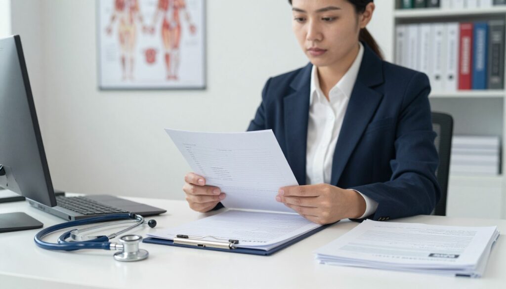 A professional medical office scene focused on a neatly organized medical documentation setup. In the foreground, a stethoscope, a clipboard with patient forms, and medical research papers lay on a clean desk. In the middle, a medical professional dressed in business attire is examining the documents, her face serious yet attentive, reflecting the importance of the task. In the background, a wall-mounted anatomy poster and a bookshelf filled with medical textbooks establish a clinical atmosphere. Soft, natural lighting illuminates the scene, creating a calm yet focused mood. The camera angle is slightly above eye level, providing a comprehensive view of the workspace while maintaining visual clarity.
