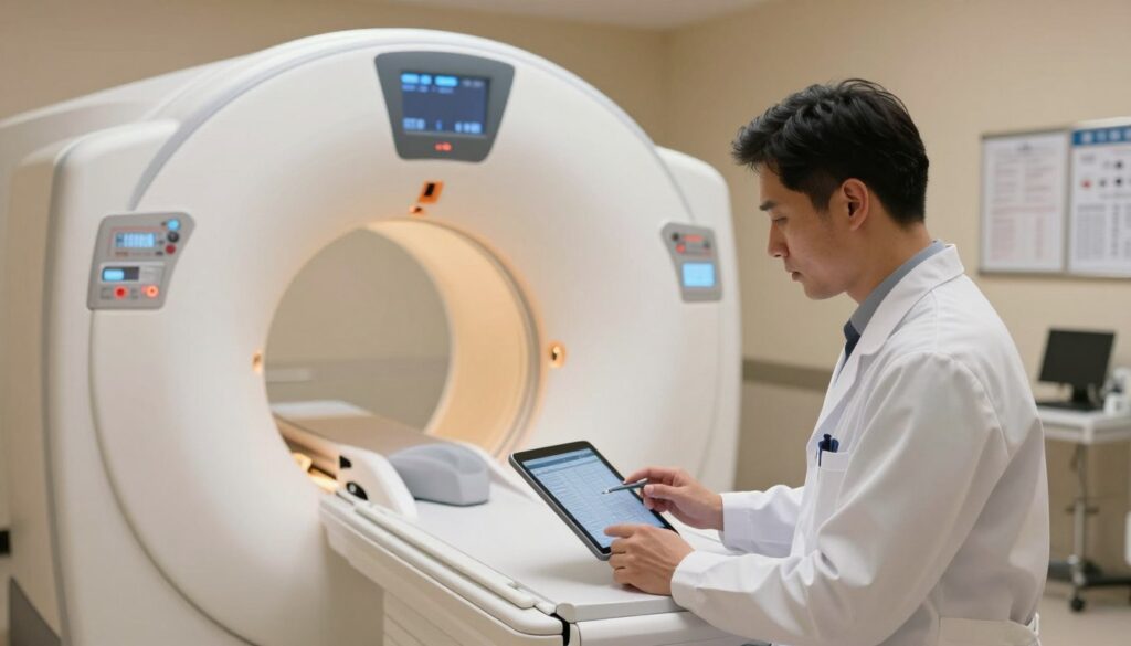 A professional medical setting depicting a MRI machine in a well-lit examination room. In the foreground, a medical technician in a lab coat, with a focused expression, is reviewing patient data on a tablet. The middle ground features the MRI machine itself, with its cylindrical shape and soft lighting highlighting its features. The background shows medical charts and equipment, emphasizing the diagnostic environment. The overall atmosphere is clinical yet calm, suggesting careful consideration and professionalism. Soft, indirect lighting casts a warm glow, creating a reassuring environment. The image should evoke a sense of thoroughness and diligence, underlining the importance of understanding contraindications and limitations in MRI diagnostics. A professional medical setting depicting a MRI machine in a well-lit examination room. In the foreground, a medical technician in a lab coat, with a focused expression, is reviewing patient data on a tablet. The middle ground features the MRI machine itself, with its cylindrical shape and soft lighting highlighting its features. The background shows medical charts and equipment, emphasizing the diagnostic environment. The overall atmosphere is clinical yet calm, suggesting careful consideration and professionalism. Soft, indirect lighting casts a warm glow, creating a reassuring environment. The image should evoke a sense of thoroughness and diligence, underlining the importance of understanding contraindications and limitations in MRI diagnostics.
