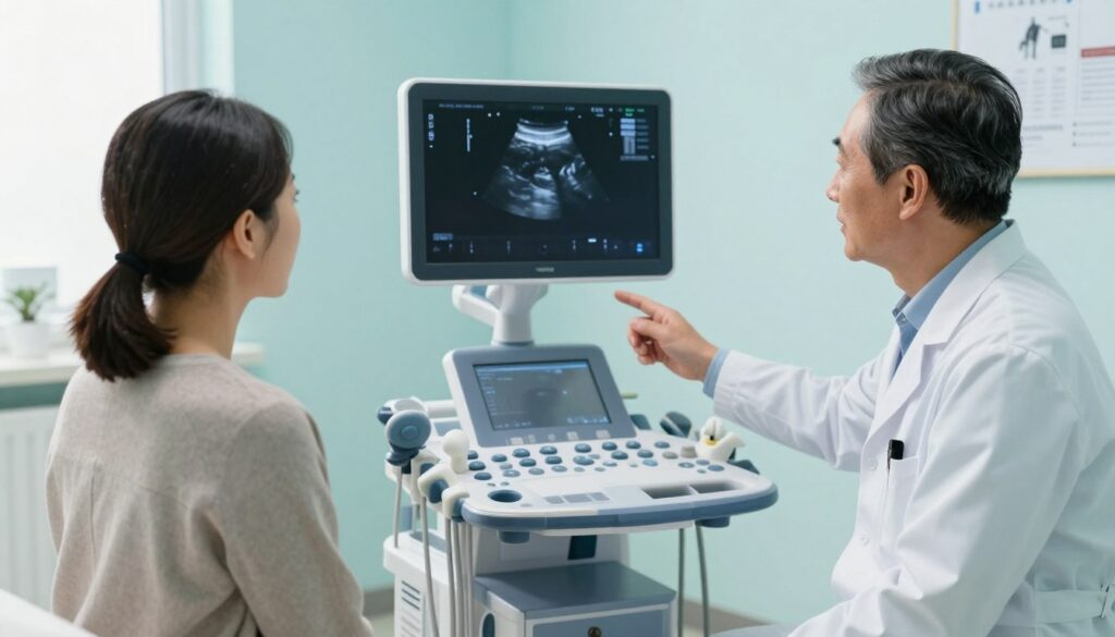 A professional medical setting depicting a doctor guiding a patient towards an ultrasound examination with contrast. In the foreground, a well-dressed middle-aged doctor gestures towards an ultrasound machine, displaying a focused yet caring expression. The patient, wearing modest casual clothing, looks attentive and slightly anxious. In the middle, the ultrasound machine is vividly displayed, with a clear screen showing the contours of an organ being examined. The background features a bright, sterile examination room with medical charts, a window allowing soft natural light, and calming blue-green walls. The atmosphere is professional yet reassuring, evoking a sense of trust and care between the physician and patient. The scene captures the essence of medical guidance and the importance of diagnostic imaging. A professional medical setting depicting a doctor guiding a patient towards an ultrasound examination with contrast. In the foreground, a well-dressed middle-aged doctor gestures towards an ultrasound machine, displaying a focused yet caring expression. The patient, wearing modest casual clothing, looks attentive and slightly anxious. In the middle, the ultrasound machine is vividly displayed, with a clear screen showing the contours of an organ being examined. The background features a bright, sterile examination room with medical charts, a window allowing soft natural light, and calming blue-green walls. The atmosphere is professional yet reassuring, evoking a sense of trust and care between the physician and patient. The scene captures the essence of medical guidance and the importance of diagnostic imaging.