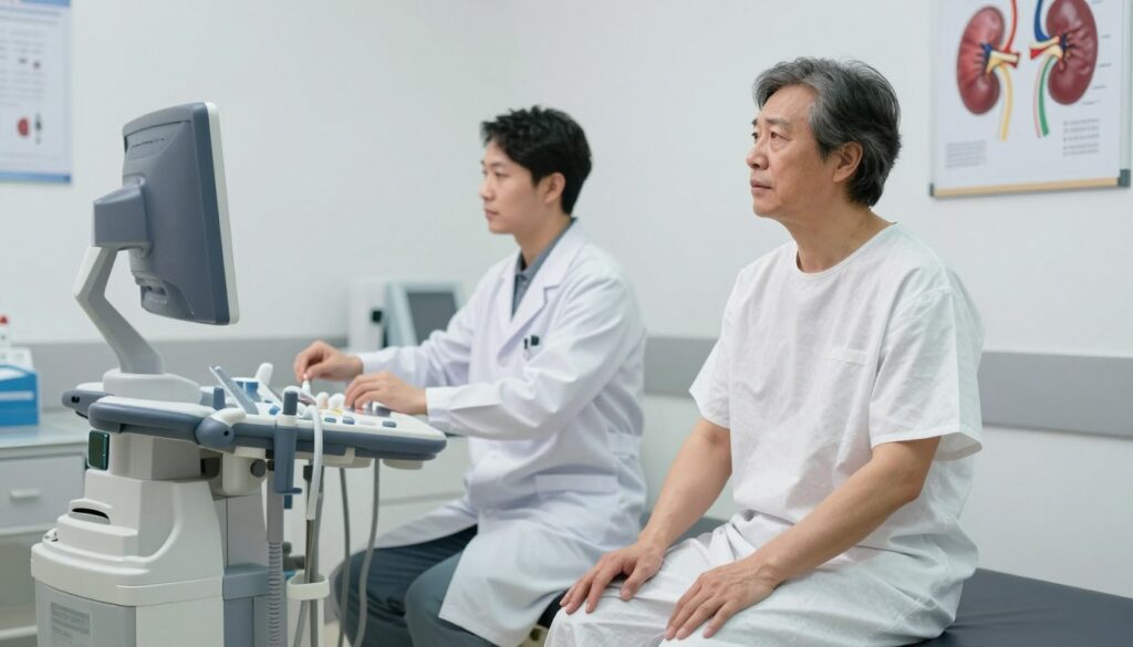 A professional medical setting depicting a patient preparing for an ultrasound examination of the kidneys. In the foreground, a middle-aged individual dressed in a simple, modest hospital gown, sitting calmly on an examination table, looking slightly anxious yet hopeful. Their hands are resting on their knees. In the middle, a medical technician, wearing a lab coat, is arranging ultrasound equipment with focused attention. The background features a clean, well-lit examination room with medical charts and anatomical models related to kidneys on the walls. Soft, diffused lighting creates a reassuring atmosphere, emphasizing the importance of preparation before the ultrasound. The angle captures the interaction between the patient and technician, highlighting the clinical yet compassionate environment. A professional medical setting depicting a patient preparing for an ultrasound examination of the kidneys. In the foreground, a middle-aged individual dressed in a simple, modest hospital gown, sitting calmly on an examination table, looking slightly anxious yet hopeful. Their hands are resting on their knees. In the middle, a medical technician, wearing a lab coat, is arranging ultrasound equipment with focused attention. The background features a clean, well-lit examination room with medical charts and anatomical models related to kidneys on the walls. Soft, diffused lighting creates a reassuring atmosphere, emphasizing the importance of preparation before the ultrasound. The angle captures the interaction between the patient and technician, highlighting the clinical yet compassionate environment.