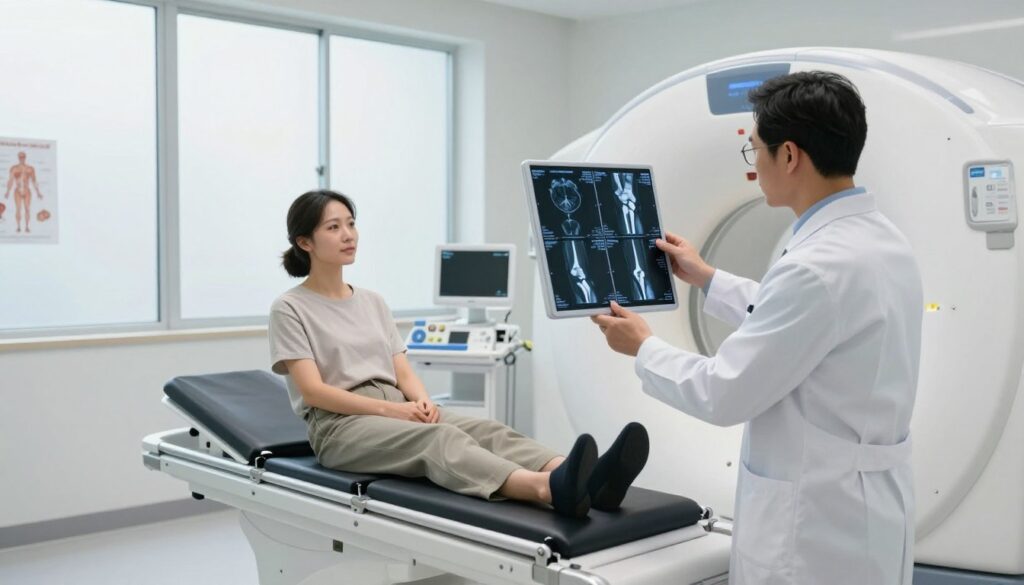 A professional medical setting featuring a high-tech MRI machine in a bright, sterile room. In the foreground, a doctor in a white lab coat examines MRI images on a large screen, showing detailed scans of human joints. The patient, dressed in modest, casual clothing, sits calmly on the examination table, looking reassured. In the middle ground, additional medical equipment and anatomical posters are visible, adding context to the environment. The background is filled with soft, diffused natural light coming through frosted glass windows, creating a calm and reassuring mood. The overall atmosphere reflects professionalism and advanced medical technology, highlighting the importance of MRI in diagnosing joint issues. A professional medical setting featuring a high-tech MRI machine in a bright, sterile room. In the foreground, a doctor in a white lab coat examines MRI images on a large screen, showing detailed scans of human joints. The patient, dressed in modest, casual clothing, sits calmly on the examination table, looking reassured. In the middle ground, additional medical equipment and anatomical posters are visible, adding context to the environment. The background is filled with soft, diffused natural light coming through frosted glass windows, creating a calm and reassuring mood. The overall atmosphere reflects professionalism and advanced medical technology, highlighting the importance of MRI in diagnosing joint issues.