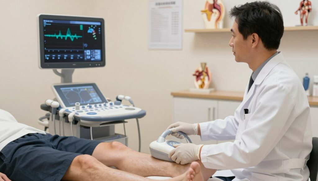A professional medical setting showcasing the safety of Doppler ultrasound examinations of arteries. In the foreground, display a medical professional in a white lab coat and gloves, demonstrating the Doppler ultrasound equipment on a patient’s lower extremities. The patient, dressed in modest casual clothing, appears relaxed and calm on an examination table. In the middle ground, include detailed imaging screens displaying Doppler waveforms and anatomical blood flow visuals, emphasizing the technology used. In the background, soft, warm lighting creates a reassuring atmosphere, with medical charts and anatomical models subtly placed on shelves. The overall mood is one of professionalism and trust in medical technology, emphasizing safety and patient care in diagnostic procedures.