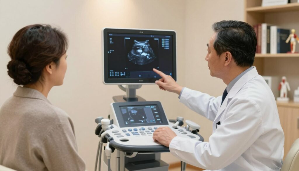 A professional setting in a modern medical clinic with a doctor, a middle-aged individual, and a high-quality ultrasound machine in focus. The doctor, dressed in a crisp white lab coat and smart attire, is attentively explaining the ultrasound procedure to the patient, who appears concerned yet curious. The room is softly lit with warm ambient lighting, creating a reassuring atmosphere. The ultrasound screen is visible, showing abstract images of the thyroid, with the doctor pointing to the display. In the background, shelves of medical books and anatomical models hint at the clinic's professionalism. The angle captures the interaction clearly, emphasizing the patient’s engagement and the doctor's expertise, conveying trust and reassurance during a medical consultation.