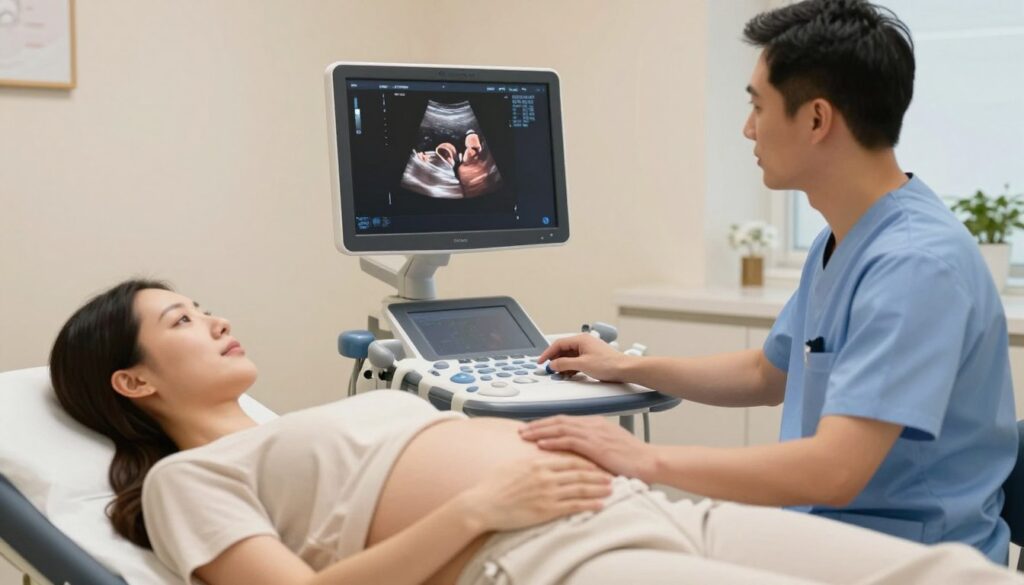 A serene and informative scene depicting a mid-pregnancy ultrasound examination in a modern medical setting. The foreground features a pregnant woman in modest, comfortable clothing lying on an exam table, with a focused healthcare professional, dressed in scrubs, performing the ultrasound. In the middle ground, a high-tech ultrasound machine displays a clear image of the fetus, emphasizing anatomical details like limbs and facial features. The background showcases a softly lit, well-organized medical office, with calming colors and gentle lighting that evokes a sense of reassurance. The atmosphere is professional yet warm, highlighting the importance of this crucial third-trimester scan. The angle captures both the patient’s expression of anticipation and the practitioner’s focus, ensuring a respectful and engaging visual narrative.