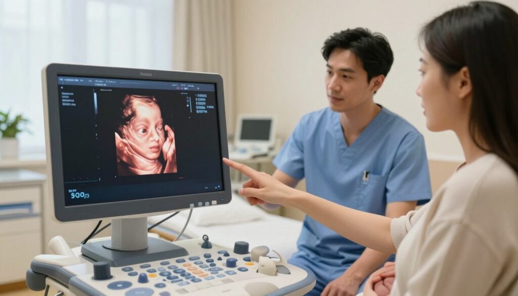A serene and informative scene depicting an ultrasound examination at the 14th week of pregnancy. In the foreground, a close-up of an ultrasound monitor displaying a clear, vibrant image of a developing fetus, showcasing the early stages of growth. In the middle, a medical professional, dressed in professional scrubs, attentively points to the monitor while discussing with a expectant mother, who is seated beside her, dressed in modest casual attire. The background features a bright, welcoming ultrasound room with soft lighting, medical equipment, and calming decor. The atmosphere is supportive and reassuring, emphasizing the importance of this milestone in pregnancy. The overall image captures the essence of early prenatal diagnostics and the joy of expecting parents.