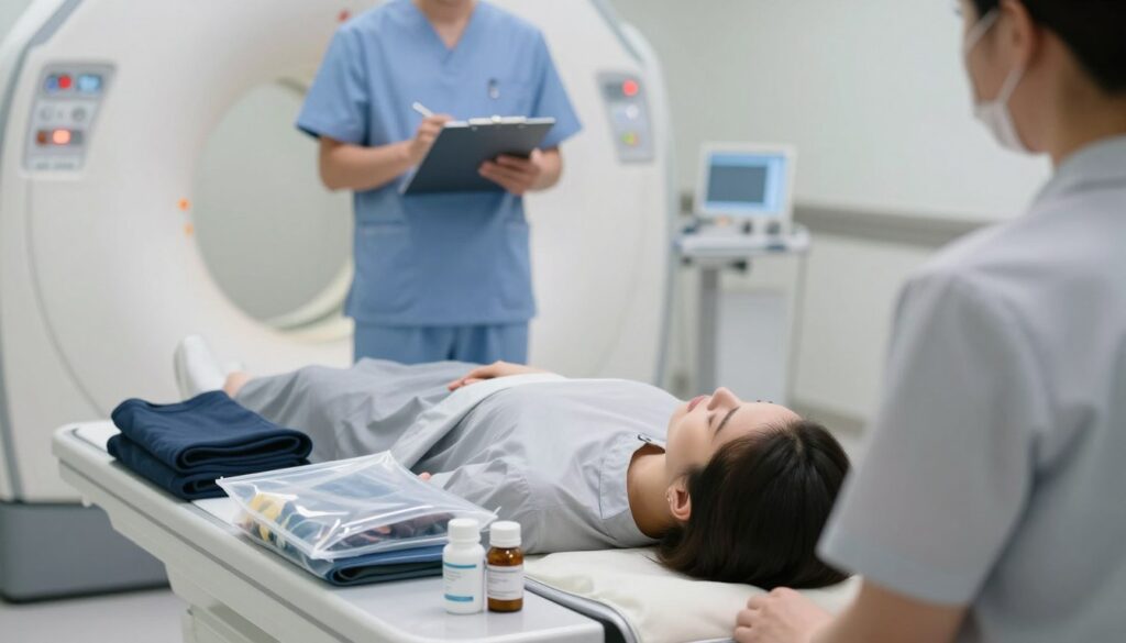 A serene and organized hospital setting, focusing on a medical examination room preparing for an MRI procedure. In the foreground, a neatly arranged table displays items for patient preparation: comfortable clothing, a clear plastic bag containing personal items, and labeled medication bottles. A patient’s head is depicted in a close-up, showing a calm expression and wearing a plain, professional-looking shirt. Soft, diffused lighting illuminates the room, enhancing a clean and sterile environment. In the middle ground, a medical professional, dressed in scrubs, prepares equipment with a clipboard in hand, emphasizing diligence and care. The background features an MRI machine, minimalistic and modern, contributing to a sense of high-tech medical care. The overall mood is tranquil, reassuring, and focused on patient readiness. A serene and organized hospital setting, focusing on a medical examination room preparing for an MRI procedure. In the foreground, a neatly arranged table displays items for patient preparation: comfortable clothing, a clear plastic bag containing personal items, and labeled medication bottles. A patient’s head is depicted in a close-up, showing a calm expression and wearing a plain, professional-looking shirt. Soft, diffused lighting illuminates the room, enhancing a clean and sterile environment. In the middle ground, a medical professional, dressed in scrubs, prepares equipment with a clipboard in hand, emphasizing diligence and care. The background features an MRI machine, minimalistic and modern, contributing to a sense of high-tech medical care. The overall mood is tranquil, reassuring, and focused on patient readiness.