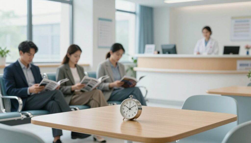 A serene hospital waiting room, softly illuminated by natural light filtering through large windows. In the foreground, a neat, wooden table displays a small clock showing the time, emphasizing the concept of waiting. In the middle, a comfortable seating area features a few patients dressed in professional business attire, quietly reading magazines or looking at their phones, reflecting a calm atmosphere. The background showcases a clean reception desk with a friendly staff member attending to patients. The color palette is soothing, with soft blues and whites, creating a sense of tranquility and anticipation. The mood is one of quiet contemplation, highlighting the importance of fasting before a medical examination. A serene hospital waiting room, softly illuminated by natural light filtering through large windows. In the foreground, a neat, wooden table displays a small clock showing the time, emphasizing the concept of waiting. In the middle, a comfortable seating area features a few patients dressed in professional business attire, quietly reading magazines or looking at their phones, reflecting a calm atmosphere. The background showcases a clean reception desk with a friendly staff member attending to patients. The color palette is soothing, with soft blues and whites, creating a sense of tranquility and anticipation. The mood is one of quiet contemplation, highlighting the importance of fasting before a medical examination.