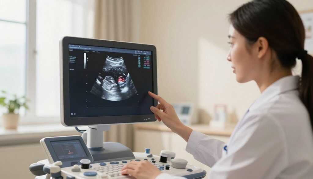 A serene medical environment featuring a close-up of a colorful yet informative ultrasound image of a baby, displayed on a modern ultrasound machine screen. In the foreground, a friendly and professional-looking technician in a light, modest lab coat carefully examines the image, their expression focused and engaged. The middle ground includes subtle medical equipment and soft lighting that enhances the peaceful atmosphere. The background shows a soft, blurred image of a clinic interior, creating a calming and sterile vibe. Warm, natural light filters in through a nearby window, casting gentle shadows, and enhancing the clarity of the ultrasound image. The overall mood is one of professionalism and care, illustrating the importance of quality in ultrasound images for understanding fetal health. A serene medical environment featuring a close-up of a colorful yet informative ultrasound image of a baby, displayed on a modern ultrasound machine screen. In the foreground, a friendly and professional-looking technician in a light, modest lab coat carefully examines the image, their expression focused and engaged. The middle ground includes subtle medical equipment and soft lighting that enhances the peaceful atmosphere. The background shows a soft, blurred image of a clinic interior, creating a calming and sterile vibe. Warm, natural light filters in through a nearby window, casting gentle shadows, and enhancing the clarity of the ultrasound image. The overall mood is one of professionalism and care, illustrating the importance of quality in ultrasound images for understanding fetal health.