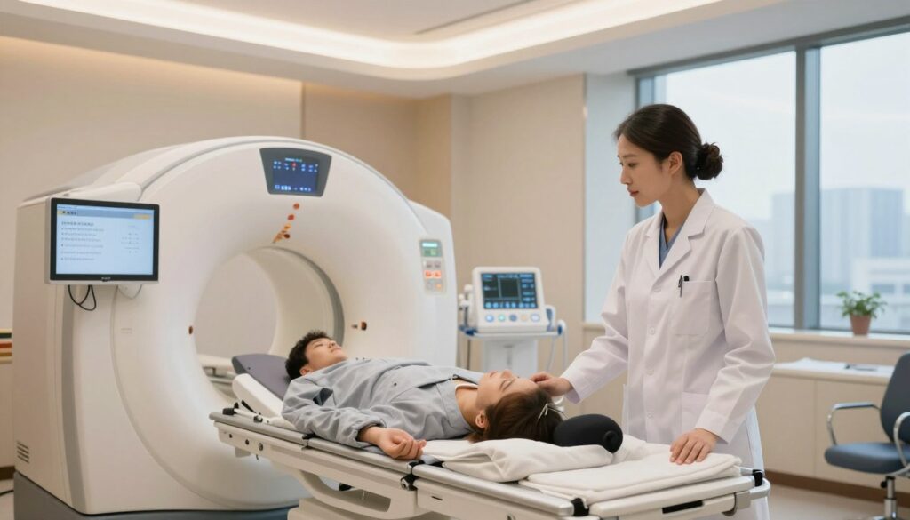 A serene medical examination room focused on preparing a patient for a spinal MRI. In the foreground, a confident, professionally dressed healthcare provider stands next to a medical bed with a calming presence, explaining the procedure. The middle ground features well-organized medical equipment, such as an MRI machine and instructions displayed on a digital screen, highlighting the importance of preparation. The background includes soft, ambient lighting from ceiling fixtures and large windows letting in natural light, creating a reassuring atmosphere. The overall mood is one of professionalism and comfort, emphasizing the importance of being well-prepared for a medical examination.