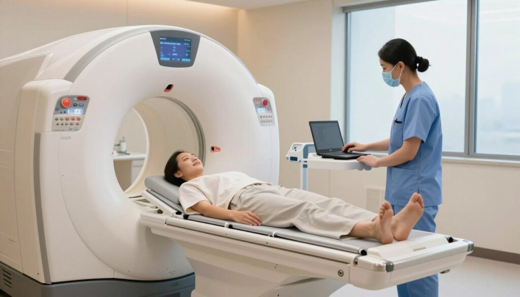 A serene medical imaging room with a state-of-the-art MRI machine prominently in the foreground, showcasing its sleek design and control panel. In the middle, a patient, dressed in modest medical apparel, is comfortably positioned on the MRI table with a gentle, reassuring expression. A healthcare professional, wearing a professional standard scrub and a surgical mask, is monitoring the process while adjusting settings on a laptop nearby. The background features soft, ambient lighting that creates a calm atmosphere, with a large window allowing natural light to flood in, contributing to a sense of tranquility. The overall mood is one of professionalism and care, emphasizing the importance of MRI in assessing sinus health. A serene medical imaging room with a state-of-the-art MRI machine prominently in the foreground, showcasing its sleek design and control panel. In the middle, a patient, dressed in modest medical apparel, is comfortably positioned on the MRI table with a gentle, reassuring expression. A healthcare professional, wearing a professional standard scrub and a surgical mask, is monitoring the process while adjusting settings on a laptop nearby. The background features soft, ambient lighting that creates a calm atmosphere, with a large window allowing natural light to flood in, contributing to a sense of tranquility. The overall mood is one of professionalism and care, emphasizing the importance of MRI in assessing sinus health.