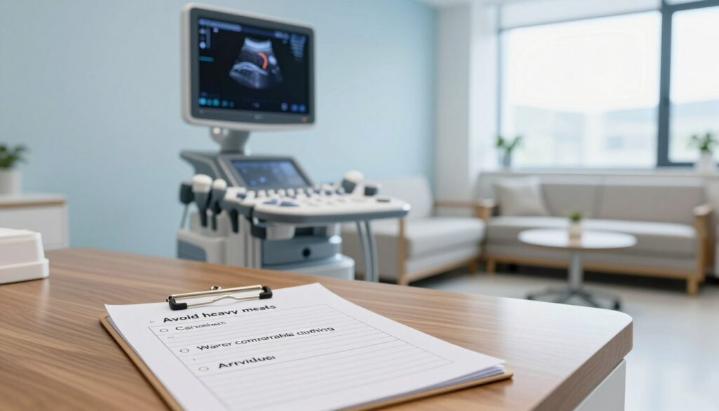 A serene medical office setting, designed for ultrasound examinations, with a focus on preparation for a carotid artery ultrasound. In the foreground, a neatly organized checklist sits on a polished wooden desk, displaying items such as "Avoid heavy meals," "Wear comfortable clothing," and "Arrive hydrated." In the middle ground, a modern ultrasound machine is positioned, with a clear, bright display showcasing a digital representation of carotid arteries. In the background, soft natural light streams through large windows, illuminating a peaceful waiting area with comfortable seating. The atmosphere conveys calm and professionalism, emphasizing the importance of preparation for the medical procedure. The overall color palette is soothing, featuring soft blues and whites, with clean lines that suggest a focus on health and well-being.