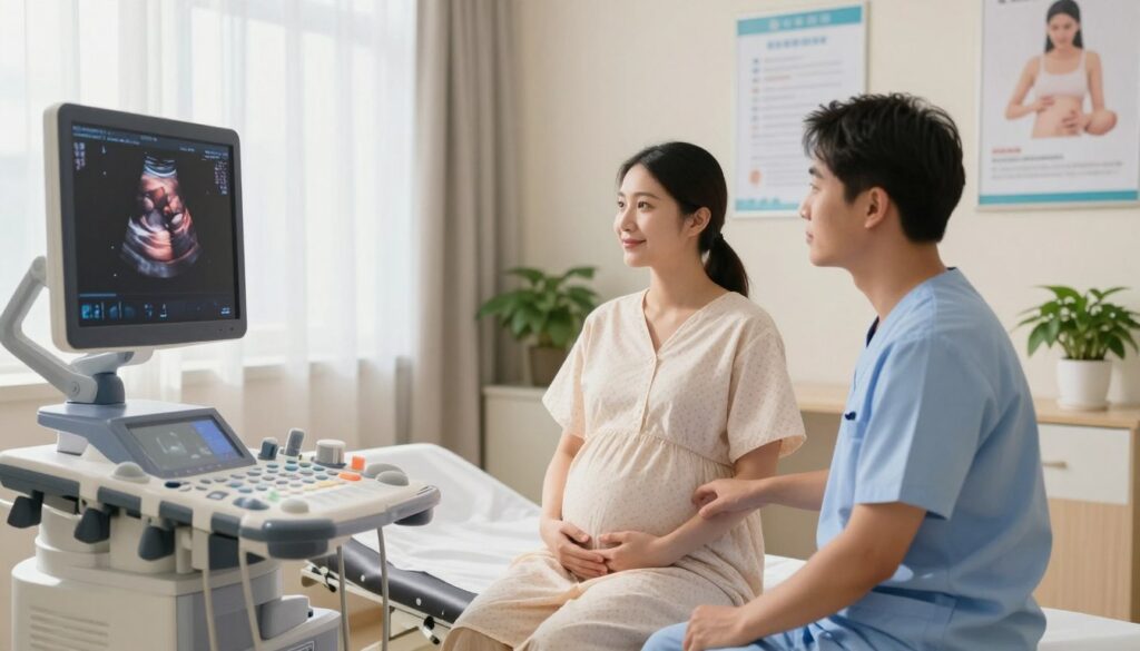 A serene, well-lit medical examination room featuring a pregnant woman in a comfortable hospital gown, sitting on an examination table. She is smiling gently, displaying a calm demeanor as she interacts with a compassionate ultrasound technician, who is dressed in scrubs and focused on the ultrasound machine. In the foreground, an ultrasound monitor displays a clear image of a developing fetus in the third trimester. Soft, natural light filters through a window with sheer curtains, casting gentle shadows in the room. In the background, medical posters about prenatal care adorn the walls, and a potted plant adds a touch of warmth to the clinical environment. The mood is reassuring and professional, emphasizing care and preparation for prenatal ultrasound.