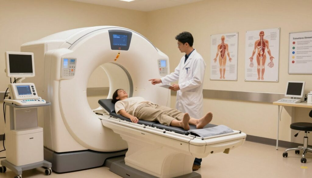 A softly lit medical examination room featuring a modern MRI machine prominently in the foreground. The machine is sleek and white, surrounded by medical equipment like monitors and diagnostic tools, conveying a sense of advanced technology. In the middle ground, a healthcare professional in a crisp white lab coat is explaining the process to a patient seated calmly on an examination table, dressed in comfortable, modest clothing. The background showcases diagrams of the biliary system on the walls, highlighting safety protocols and contraindications clearly displayed. The atmosphere is calm and reassuring, with warm lighting creating a tranquil environment, emphasizing the importance of safety in magnetic resonance imaging.