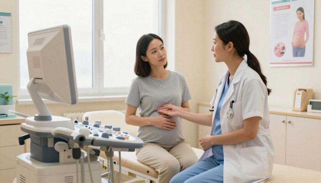 A warm and inviting medical examination room, featuring a modern ultrasound machine prominently in the foreground. A professional healthcare worker, dressed in scrubs and a lab coat, is gently explaining the procedure to a pregnant woman seated comfortably on the examination table. The woman, in modest casual clothing, looks calm and reassured, her hand resting on her belly. In the background, soft, natural lighting filters through a window, creating a soothing atmosphere. The walls are adorned with informative posters about early pregnancy and ultrasound procedures. The scene should convey a sense of care and professionalism, emphasizing preparation and support for new mothers during this exciting time. A warm and inviting medical examination room, featuring a modern ultrasound machine prominently in the foreground. A professional healthcare worker, dressed in scrubs and a lab coat, is gently explaining the procedure to a pregnant woman seated comfortably on the examination table. The woman, in modest casual clothing, looks calm and reassured, her hand resting on her belly. In the background, soft, natural lighting filters through a window, creating a soothing atmosphere. The walls are adorned with informative posters about early pregnancy and ultrasound procedures. The scene should convey a sense of care and professionalism, emphasizing preparation and support for new mothers during this exciting time.