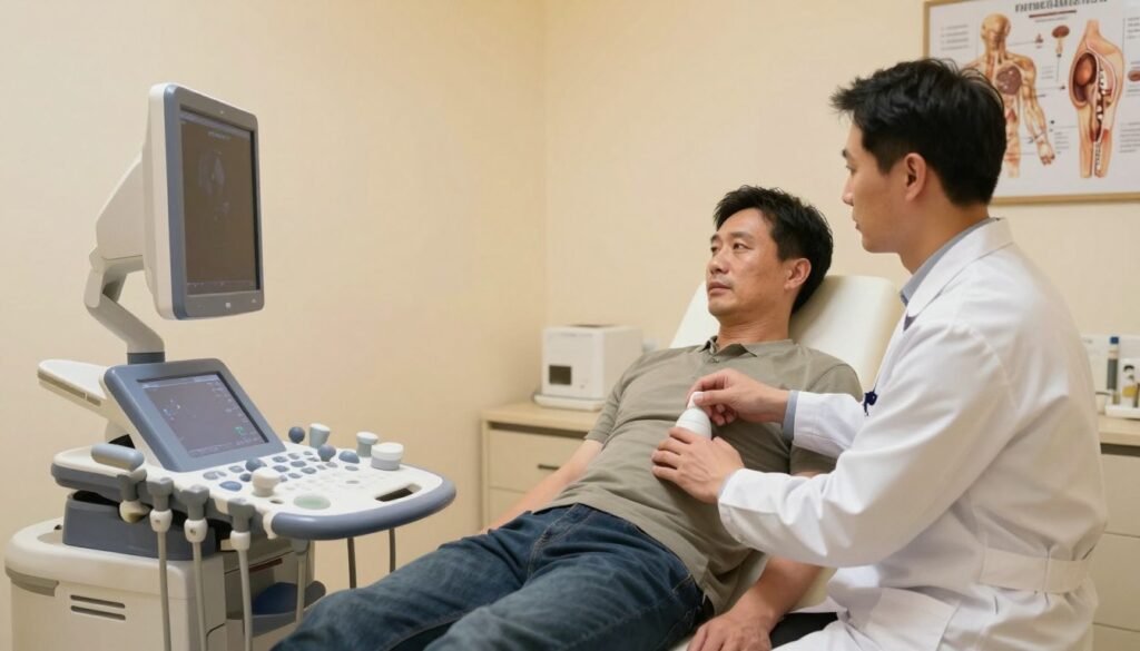 A well-lit medical examination room featuring a state-of-the-art ultrasound machine designed for prostate exams. In the foreground, a healthcare professional in a white lab coat is demonstrating the ultrasound procedure on a patient, who is dressed in modest casual clothing for comfort. The patient appears relaxed and engaged, while the doctor explains the procedure with a reassuring demeanor. Soft, warm lighting creates a calming atmosphere, accentuating the professionalism and care within the setting. In the background, medical charts and anatomical diagrams related to prostate health adorn the walls, enhancing the educational value of the space. The overall mood is informative and professional, with a focus on patient comfort and advanced medical technology. A well-lit medical examination room featuring a state-of-the-art ultrasound machine designed for prostate exams. In the foreground, a healthcare professional in a white lab coat is demonstrating the ultrasound procedure on a patient, who is dressed in modest casual clothing for comfort. The patient appears relaxed and engaged, while the doctor explains the procedure with a reassuring demeanor. Soft, warm lighting creates a calming atmosphere, accentuating the professionalism and care within the setting. In the background, medical charts and anatomical diagrams related to prostate health adorn the walls, enhancing the educational value of the space. The overall mood is informative and professional, with a focus on patient comfort and advanced medical technology.