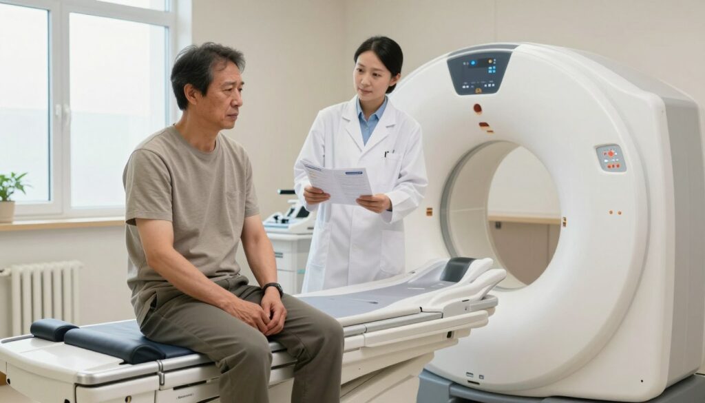 An examination room with a clear focus on a patient preparing for a knee MRI. In the foreground, a middle-aged individual sitting on an exam table, wearing modest, casual clothing, looking slightly anxious but calm. In the middle ground, a medical professional, dressed in a white lab coat, provides reassurance while holding an MRI machine brochure. The background features medical equipment and soft lighting that creates a soothing atmosphere. The room is bright and well-organized, with neutral colors and a window letting in natural light, contributing to a sense of professionalism and care. Emphasize clarity and detail on the MRI machine, showcasing its technology and importance in the preparatory process. An examination room with a clear focus on a patient preparing for a knee MRI. In the foreground, a middle-aged individual sitting on an exam table, wearing modest, casual clothing, looking slightly anxious but calm. In the middle ground, a medical professional, dressed in a white lab coat, provides reassurance while holding an MRI machine brochure. The background features medical equipment and soft lighting that creates a soothing atmosphere. The room is bright and well-organized, with neutral colors and a window letting in natural light, contributing to a sense of professionalism and care. Emphasize clarity and detail on the MRI machine, showcasing its technology and importance in the preparatory process.