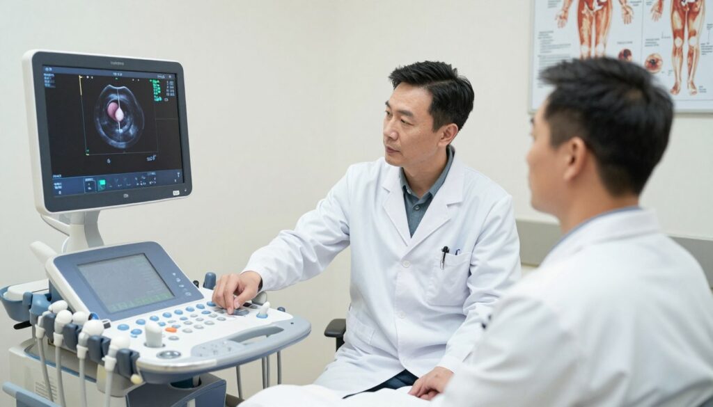 An ultrasound device being used in a medical examination room featuring a man in professional attire, calmly undergoing a prostate ultrasound scan. In the foreground, the ultrasound machine with a screen displaying glandular imagery, showing various types of prostate examinations. The middle ground reveals a medical professional attentively monitoring the screen, wearing a lab coat, focusing on the patient's comfort. The background includes medical charts and anatomical diagrams on the walls, softly illuminated by bright, sterile lighting that creates a clinical atmosphere. The angle is slightly overhead, capturing both the patient and the ultrasound machine, while emphasizing the professionalism and seriousness of the procedure. The mood is informative and respectful, capturing the significance of medical diagnostics in healthcare. An ultrasound device being used in a medical examination room featuring a man in professional attire, calmly undergoing a prostate ultrasound scan. In the foreground, the ultrasound machine with a screen displaying glandular imagery, showing various types of prostate examinations. The middle ground reveals a medical professional attentively monitoring the screen, wearing a lab coat, focusing on the patient's comfort. The background includes medical charts and anatomical diagrams on the walls, softly illuminated by bright, sterile lighting that creates a clinical atmosphere. The angle is slightly overhead, capturing both the patient and the ultrasound machine, while emphasizing the professionalism and seriousness of the procedure. The mood is informative and respectful, capturing the significance of medical diagnostics in healthcare.