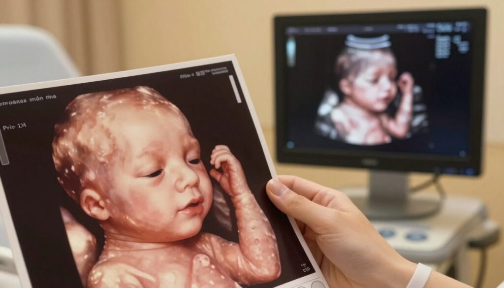 An ultrasound image depicting a 14-week old fetus in a detailed and clear view. The foreground features the fetus in profile, showcasing its distinct limbs and developing facial features, with a slight translucency of skin. In the middle ground, the contours of the mother's abdomen are visible, highlighting the ultrasound screen displaying the fetus, with the surrounding medical environment subtly apparent. The background consists of a softly lit clinic room, with warm lighting that creates a calm and inviting atmosphere. The angle is from a slight elevation, giving a comprehensive view of the fetus, emphasizing its growth and development. The overall mood should be informative and soothing, perfect for an educational context.