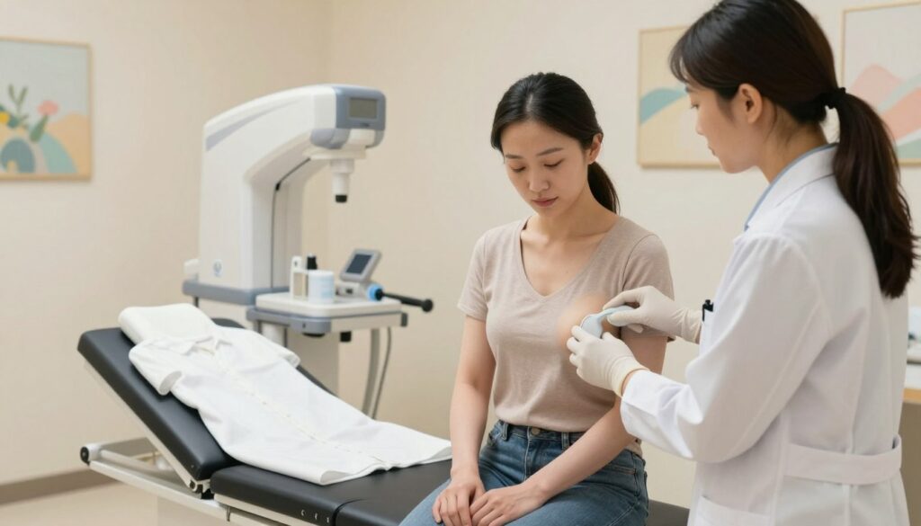 A calm and serene clinical setting for breast examination preparation. In the foreground, a professional healthcare worker wearing a lab coat and gloves attentively explains the mammogram process to a patient dressed in modest casual clothing. The middle depicts a well-lit examination room with medical equipment, such as a mammography machine and patient gown on a nearby chair. In the background, soft lighting creates a soothing atmosphere, with light-colored walls and calming artwork. The angle is slightly elevated to capture both the interaction and the medical environment. The mood is reassuring and informative, emphasizing the importance of preparation for the examination without any explicit or inappropriate content. A calm and serene clinical setting for breast examination preparation. In the foreground, a professional healthcare worker wearing a lab coat and gloves attentively explains the mammogram process to a patient dressed in modest casual clothing. The middle depicts a well-lit examination room with medical equipment, such as a mammography machine and patient gown on a nearby chair. In the background, soft lighting creates a soothing atmosphere, with light-colored walls and calming artwork. The angle is slightly elevated to capture both the interaction and the medical environment. The mood is reassuring and informative, emphasizing the importance of preparation for the examination without any explicit or inappropriate content.