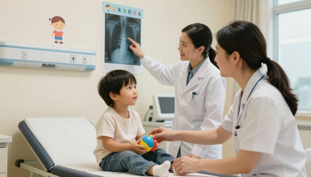 A caring parent in a calm, softly lit hospital room is gently preparing their young child for an X-ray examination. The foreground features the child, about five years old, sitting on a small examination table, dressed in comfortable, modest clothing, with a reassuring expression as they hold a colorful toy. In the middle ground, a friendly radiology technician in professional attire is explaining the procedure, pointing to a child-friendly poster about X-rays on the wall. The background shows medical equipment with soft, warm lighting that creates a safe, inviting atmosphere. The scene captures a moment of trust and comfort, highlighting the importance of preparation for medical procedures in a children's hospital setting. A caring parent in a calm, softly lit hospital room is gently preparing their young child for an X-ray examination. The foreground features the child, about five years old, sitting on a small examination table, dressed in comfortable, modest clothing, with a reassuring expression as they hold a colorful toy. In the middle ground, a friendly radiology technician in professional attire is explaining the procedure, pointing to a child-friendly poster about X-rays on the wall. The background shows medical equipment with soft, warm lighting that creates a safe, inviting atmosphere. The scene captures a moment of trust and comfort, highlighting the importance of preparation for medical procedures in a children's hospital setting.