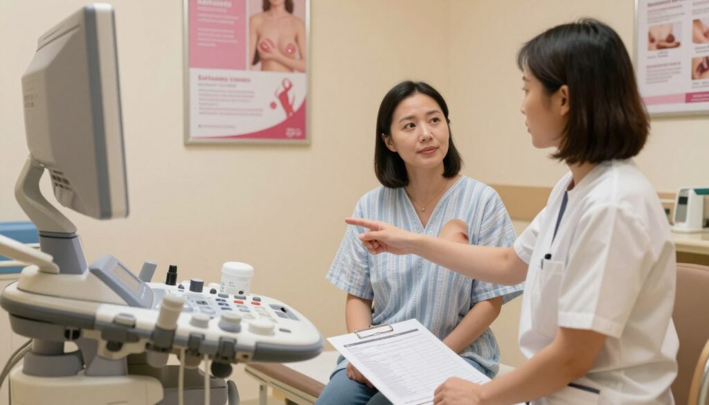 A clinical examination room with a focus on a breast ultrasound machine, showcasing a healthcare professional in modest casual clothing, attentively explaining procedures to a female patient wearing a hospital gown. The foreground features a clear view of the mammography equipment with detailed controls. In the middle, there’s a medical chart on the patient’s lap, emphasizing important indicators for breast health assessments. The background includes soft, warm lighting to create a reassuring atmosphere, with medical posters highlighting breast health and mammography benefits on the walls. The angle is slightly elevated, capturing the interaction between the healthcare provider and the patient, conveying a sense of professionalism and care. A clinical examination room with a focus on a breast ultrasound machine, showcasing a healthcare professional in modest casual clothing, attentively explaining procedures to a female patient wearing a hospital gown. The foreground features a clear view of the mammography equipment with detailed controls. In the middle, there’s a medical chart on the patient’s lap, emphasizing important indicators for breast health assessments. The background includes soft, warm lighting to create a reassuring atmosphere, with medical posters highlighting breast health and mammography benefits on the walls. The angle is slightly elevated, capturing the interaction between the healthcare provider and the patient, conveying a sense of professionalism and care.