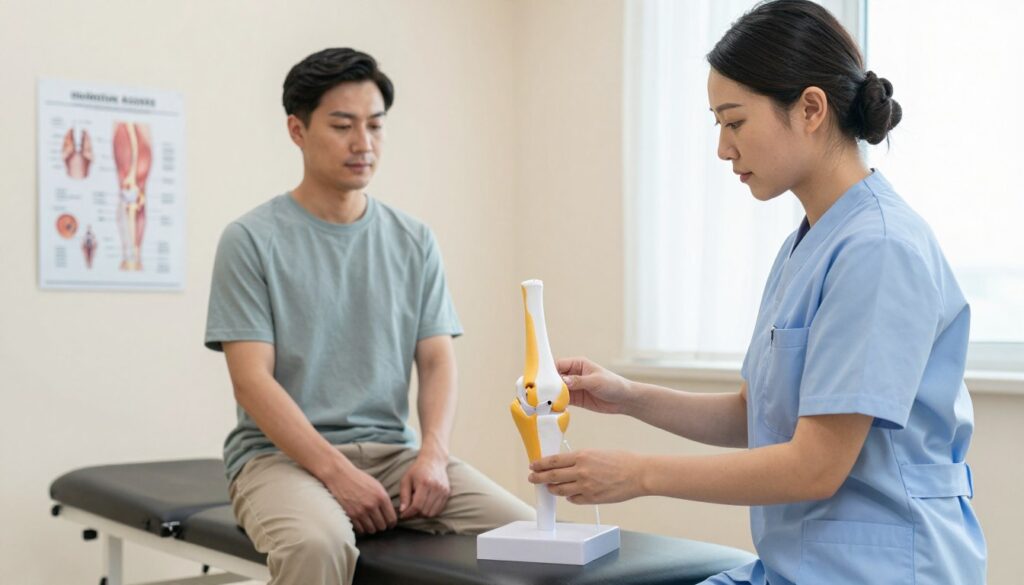 A clinical setting featuring a healthcare professional preparing a patient for a knee examination. In the foreground, a nurse in smart, modest attire is adjusting medical equipment, displaying a detailed knee joint model. In the middle ground, a patient dressed in comfortable clothing sits on an examination table, looking calm and attentive, while a chart showcasing knee anatomy is visible on a nearby wall. The background features a well-lit examination room with bright, ambient lighting and neutral colors, creating a reassuring atmosphere. The lens captures a slight wide-angle view to encompass the entire scene, emphasizing the supportive environment. This image should convey professionalism and patient care as it illustrates the preparation process for a knee examination.