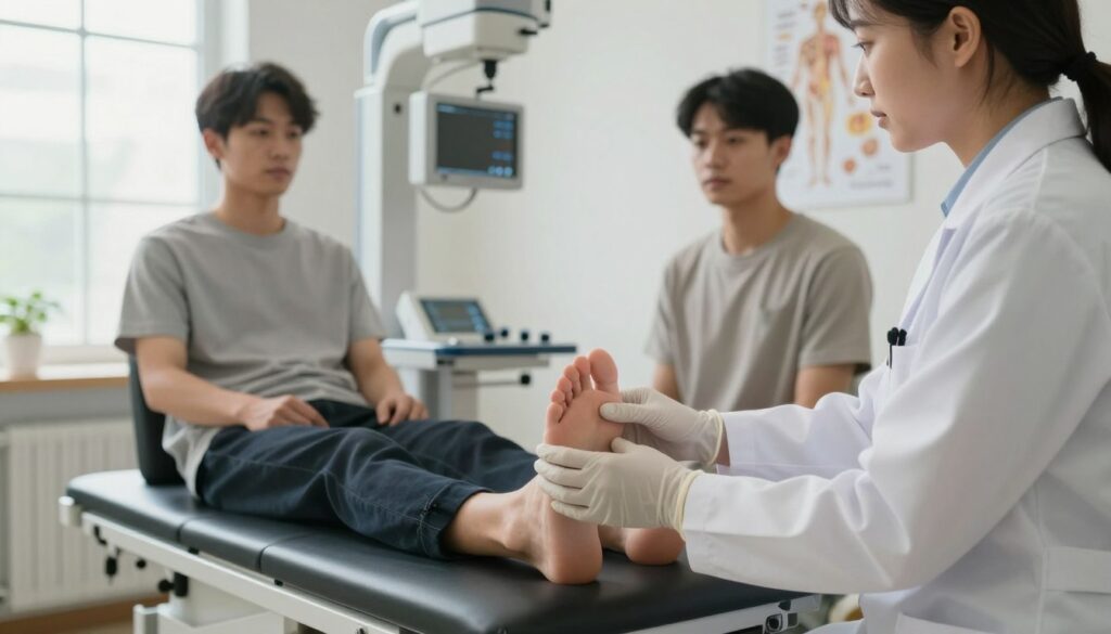 A clinical setting focused on preparing a patient for an ankle examination. In the foreground, a healthcare professional, wearing a white lab coat and medical gloves, gently positions a patient's foot for an X-ray. The patient, dressed in modest casual clothing, looks calm and attentive. In the middle ground, an X-ray machine is clearly visible, with medical imaging equipment and anatomical charts adorning the walls. The background features soft, natural lighting filtering through large windows, creating a reassuring atmosphere. The scene is shot from a slightly elevated angle to capture the interaction between the healthcare professional and the patient, emphasizing the importance of comfort and care in the examination process. A clinical setting focused on preparing a patient for an ankle examination. In the foreground, a healthcare professional, wearing a white lab coat and medical gloves, gently positions a patient's foot for an X-ray. The patient, dressed in modest casual clothing, looks calm and attentive. In the middle ground, an X-ray machine is clearly visible, with medical imaging equipment and anatomical charts adorning the walls. The background features soft, natural lighting filtering through large windows, creating a reassuring atmosphere. The scene is shot from a slightly elevated angle to capture the interaction between the healthcare professional and the patient, emphasizing the importance of comfort and care in the examination process.