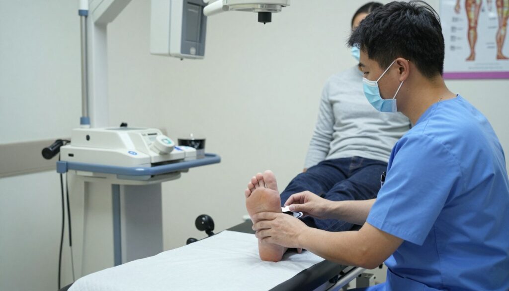 A clinical setting with a patient being prepared for an X-ray examination of the foot. In the foreground, a medical professional, dressed in scrubs, is gently assisting the patient, who is seated on an examination table in modest clothing. The middle area features medical equipment, including an X-ray machine and a foot positioning aid, neatly organized. In the background, soft, diffused lighting enhances the sterile atmosphere of the clinic, with medical charts and anatomical posters on the walls. The image should convey a calm and reassuring mood, emphasizing professionalism and care in a focused medical environment. The angle captures both the patient and professional interactively, highlighting the preparation process. A clinical setting with a patient being prepared for an X-ray examination of the foot. In the foreground, a medical professional, dressed in scrubs, is gently assisting the patient, who is seated on an examination table in modest clothing. The middle area features medical equipment, including an X-ray machine and a foot positioning aid, neatly organized. In the background, soft, diffused lighting enhances the sterile atmosphere of the clinic, with medical charts and anatomical posters on the walls. The image should convey a calm and reassuring mood, emphasizing professionalism and care in a focused medical environment. The angle captures both the patient and professional interactively, highlighting the preparation process.