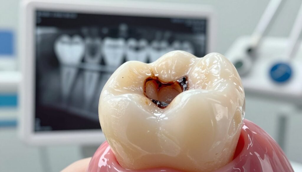 A close-up image of a decayed tooth showcasing dental caries (próchnica) in vivid detail. The foreground features a severely decayed molar, with dark brown and black areas indicating advanced decay. Subtle textures on the tooth's surface reveal pits and fissures caused by bacteria. The middle ground includes a dental x-ray image partially visible, illustrating both healthy and diseased teeth for contrast. The background is softly blurred, hinting at a dental clinic environment with sterile equipment. The lighting is bright and clinical, highlighting the tooth's imperfections while casting gentle shadows to add depth. The mood is informative and focused, aiming to educate viewers about dental health issues.