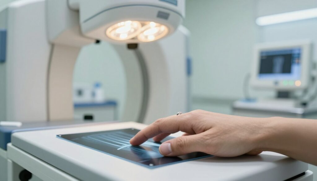 A close-up view of a hand undergoing an X-ray examination, emphasizing the finger being scanned. The foreground features a well-groomed hand with a ring on the ring finger, positioned on the X-ray plate. The middle layer includes the modern X-ray machine with glowing lights, showcasing a digital display indicating the scan process. In the background, a softly lit medical room with clarity and cleanliness enhances the professional atmosphere. The lighting is bright but soft, creating a sterile and inviting environment, perfect for medical imaging. The mood is focused and clinical, giving an impression of precision and care in medical practice. The angle should be slightly tilted downward, capturing the hand in sharp detail while allowing the viewer to see the context of the X-ray setup. A close-up view of a hand undergoing an X-ray examination, emphasizing the finger being scanned. The foreground features a well-groomed hand with a ring on the ring finger, positioned on the X-ray plate. The middle layer includes the modern X-ray machine with glowing lights, showcasing a digital display indicating the scan process. In the background, a softly lit medical room with clarity and cleanliness enhances the professional atmosphere. The lighting is bright but soft, creating a sterile and inviting environment, perfect for medical imaging. The mood is focused and clinical, giving an impression of precision and care in medical practice. The angle should be slightly tilted downward, capturing the hand in sharp detail while allowing the viewer to see the context of the X-ray setup.