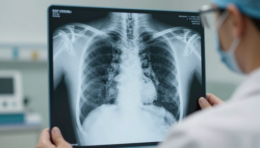 A close-up view of a human chest X-ray displayed on a digital screen, focusing on the area where a pleural effusion might be identified. The X-ray should show clear details of the ribs, heart, and lungs, with a subtle indication of excess fluid in the pleural space, presented as a shadow or opacity. The lighting should be soft yet bright, highlighting the contours of the thoracic cavity. A medical professional, dressed in a white lab coat and wearing protective gear, is examining the X-ray. The background is softly blurred, depicting a hospital setting with medical equipment in muted colors to maintain focus on the X-ray. The overall mood is clinical, calm, and informative.