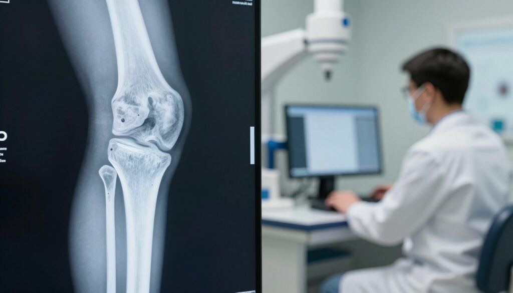A close-up view of a knee joint in an X-ray format, showcasing the intricate details of bone structure and soft tissue surrounding the stawu kolanowego (knee joint). In the foreground, highlight the clarity of the X-ray image with well-defined outlines of the femur, tibia, and fibula, emphasizing any signs of inflammation or structural abnormalities. In the middle ground, include a softly blurred view of a modern radiology room, featuring diagnostic equipment and a radiologist in professional attire analyzing the image on a computer screen. The background should be subtly lit, creating a clinical atmosphere, with gentle illumination highlighting the importance of diagnostic imaging. The overall mood is focused and professional, conveying a sense of thorough medical examination.