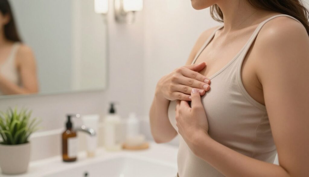 A close-up view of a woman practicing breast self-examination in a well-lit, serene bathroom setting. The foreground features her hands gently feeling for any irregularities, demonstrating careful technique. The middle-ground showcases a clean bathroom mirror reflecting soft, natural light, adding warmth to the atmosphere. Subtle details like a potted plant and skincare products on the countertop enhance the sense of self-care and wellness. The background is slightly blurred, emphasizing the intimacy of the moment. The woman is dressed in modest, casual clothing, ensuring a professional appearance. The overall mood is calm and encouraging, promoting health awareness and preventive care. A close-up view of a woman practicing breast self-examination in a well-lit, serene bathroom setting. The foreground features her hands gently feeling for any irregularities, demonstrating careful technique. The middle-ground showcases a clean bathroom mirror reflecting soft, natural light, adding warmth to the atmosphere. Subtle details like a potted plant and skincare products on the countertop enhance the sense of self-care and wellness. The background is slightly blurred, emphasizing the intimacy of the moment. The woman is dressed in modest, casual clothing, ensuring a professional appearance. The overall mood is calm and encouraging, promoting health awareness and preventive care.