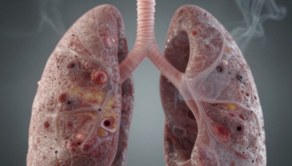 A close-up view of the lungs of a long-term smoker, highlighting the texture and discoloration characteristic of chronic smoking damage. The foreground features the lungs in vivid detail, showcasing darkened areas, lesions, and how they contrast with healthier lung tissue. In the middle ground, include a translucent overlay that illustrates the effects of nicotine and tar buildup. The background should have a soft focus, perhaps with a hint of a smoke environment to create context, while maintaining a clinical and educational mood. Use soft, diffused lighting to give the image a serious yet informative feel. Shot from a slight angle to emphasize depth and the intricate structures within the lungs.