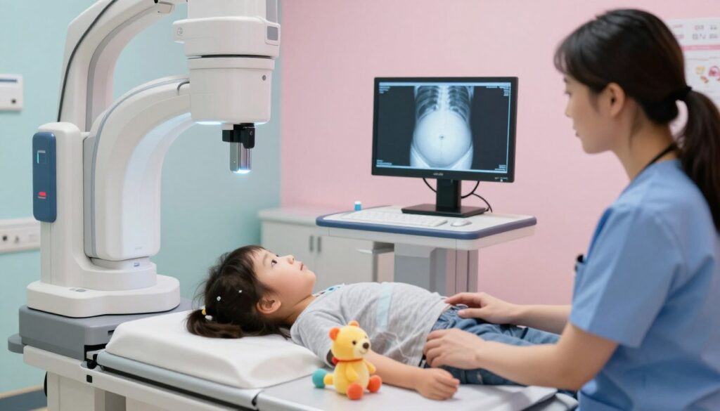 A conceptual medical setting showcasing an X-ray examination for children and pregnant women. In the foreground, a compassionate healthcare professional, dressed in scrubs, carefully monitors a child lying on an X-ray table, surrounded by reassuring toys. In the middle, an illuminated X-ray machine captures the child's image, while a digital monitor displays a clear X-ray of a baby bump in a non-invasive view. The background features calming pastel colors and soft lighting, creating a serene and safe atmosphere. Emphasize a focus on safety and compassion in pediatric care, with medical equipment organized neatly. The angle should convey both professionalism and warmth, highlighting the importance of X-ray safety. A conceptual medical setting showcasing an X-ray examination for children and pregnant women. In the foreground, a compassionate healthcare professional, dressed in scrubs, carefully monitors a child lying on an X-ray table, surrounded by reassuring toys. In the middle, an illuminated X-ray machine captures the child's image, while a digital monitor displays a clear X-ray of a baby bump in a non-invasive view. The background features calming pastel colors and soft lighting, creating a serene and safe atmosphere. Emphasize a focus on safety and compassion in pediatric care, with medical equipment organized neatly. The angle should convey both professionalism and warmth, highlighting the importance of X-ray safety.