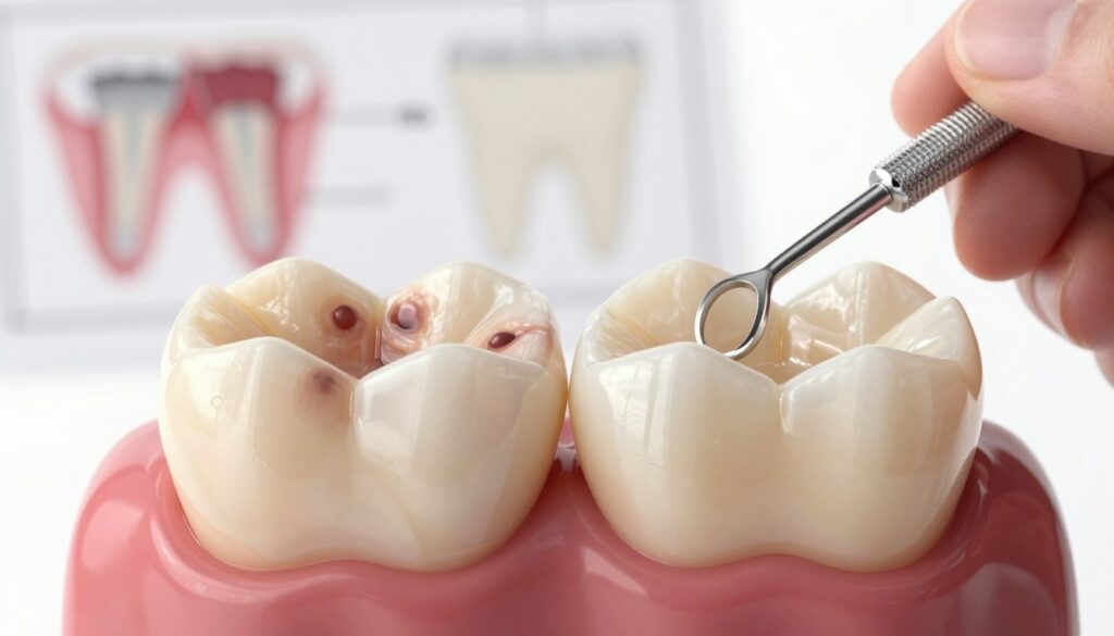 A dental illustration contrasting dental caries with external discolorations. In the foreground, showcase two teeth side by side: one showing clear signs of decay with dark, irregular patches indicative of caries, while the other has smooth, polished enamel exhibiting superficial staining. The middle ground includes a gentle hand holding a dental tool, examining the teeth closely, with a soft focus on dental charts in the background. Natural white lighting casts a bright, clinical atmosphere, enhancing the details of the teeth's surfaces. The mood is informative and professional, aimed at educating viewers on the visual differences between these dental conditions. Ensure no text or watermarks are present in the image. A dental illustration contrasting dental caries with external discolorations. In the foreground, showcase two teeth side by side: one showing clear signs of decay with dark, irregular patches indicative of caries, while the other has smooth, polished enamel exhibiting superficial staining. The middle ground includes a gentle hand holding a dental tool, examining the teeth closely, with a soft focus on dental charts in the background. Natural white lighting casts a bright, clinical atmosphere, enhancing the details of the teeth's surfaces. The mood is informative and professional, aimed at educating viewers on the visual differences between these dental conditions. Ensure no text or watermarks are present in the image.