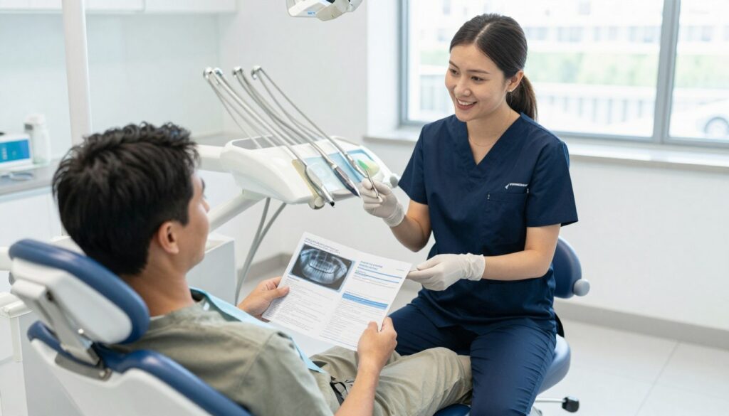 A dentist's office setting focused on preparing for a dental visit. In the foreground, a patient sits comfortably in a dental chair, dressed in modest casual clothing, looking at an informational brochure about dental X-rays. The middle space features a dental assistant standing nearby, wearing professional scrubs and explaining the procedure with a friendly smile. Dental tools and equipment are organized neatly on a tray. The background shows a bright, clean dental office with large windows allowing natural light to stream in, creating an inviting atmosphere. The angle of the image is slightly above eye level, emphasizing the welcoming environment and the importance of patient comfort before the upcoming dental examination. The mood is calm and reassuring.
