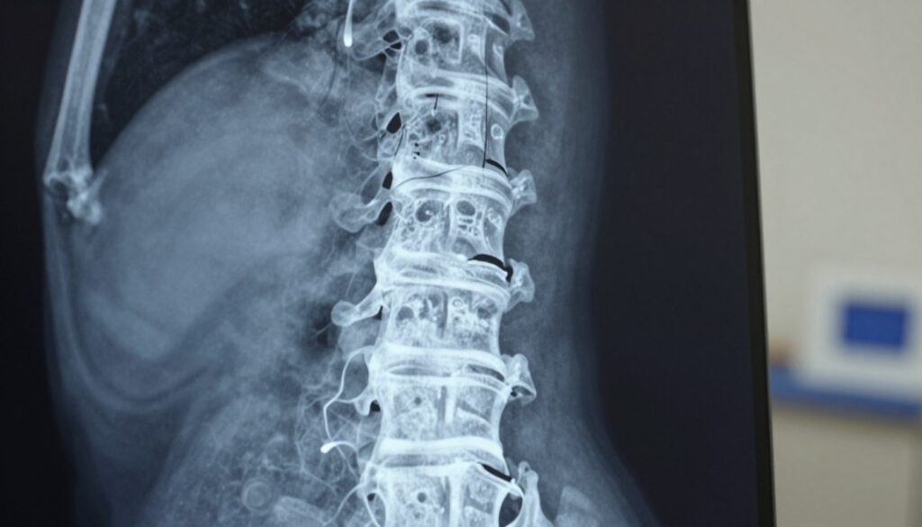 A detailed X-ray image of a human spine, showcasing clear vertebrae and intervertebral discs. The foreground highlights the spine itself, with distinct markings demonstrating healthy and slightly degenerative discs, emphasizing the contrast between normal and affected areas. In the middle ground, soft, diffused lighting casts a clinical atmosphere, enhancing the visibility of bone structures and the subtle textures of the discs. The background remains neutral, possibly with a faint hint of a medical examination room to provide context without distraction. The overall mood conveys a professional tone, aiming to educate on the limitations of X-ray technology in diagnosing disc issues. The image is well-composed, with a focus on clarity and precision, captured from a slight angle to enhance depth. A detailed X-ray image of a human spine, showcasing clear vertebrae and intervertebral discs. The foreground highlights the spine itself, with distinct markings demonstrating healthy and slightly degenerative discs, emphasizing the contrast between normal and affected areas. In the middle ground, soft, diffused lighting casts a clinical atmosphere, enhancing the visibility of bone structures and the subtle textures of the discs. The background remains neutral, possibly with a faint hint of a medical examination room to provide context without distraction. The overall mood conveys a professional tone, aiming to educate on the limitations of X-ray technology in diagnosing disc issues. The image is well-composed, with a focus on clarity and precision, captured from a slight angle to enhance depth.