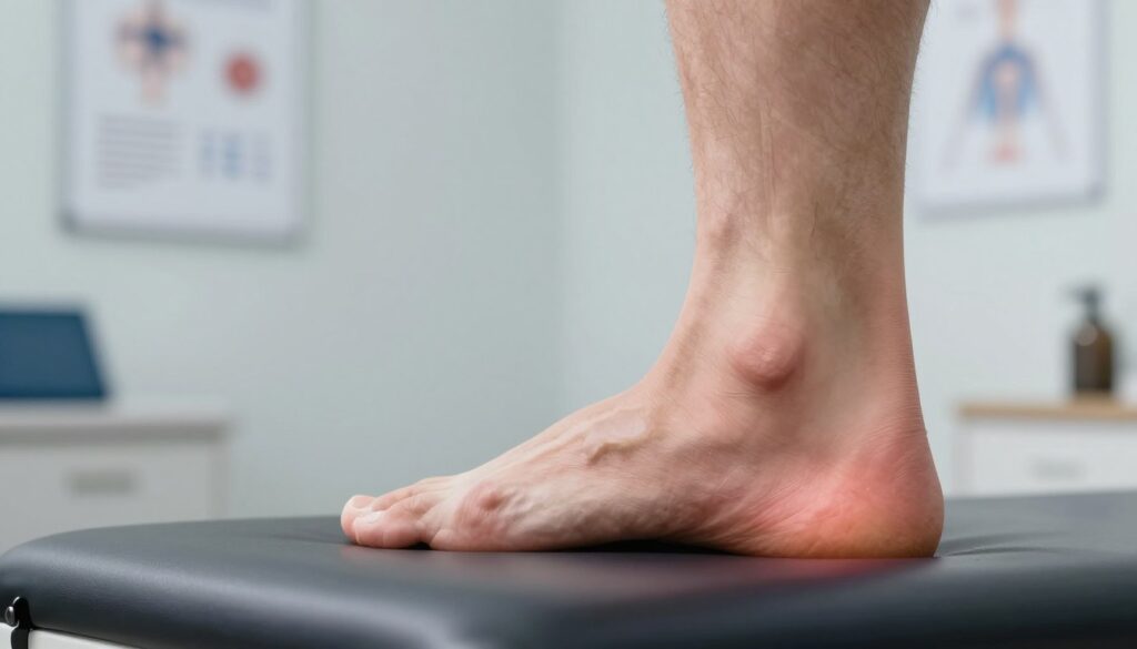 A detailed anatomical illustration focused on the human heel, specifically emphasizing the area of the plantar fascia with signs of inflammation. In the foreground, depict a close-up view of a foot in a professional setting, showing the heel and any visible swelling or tenderness. The middle ground features a softly blurred outline of a human figure, standing on a foot examination platform. The background consists of a neutral clinic environment with medical charts on the wall, conveying a sterile atmosphere. The lighting is bright and clinical, with overhead lights highlighting the heel’s contours. Capture a professional yet empathetic mood, illustrating the discomfort associated with plantar fasciitis, while ensuring the foot and surrounding area are clearly visible. No text or labels should appear in the image.