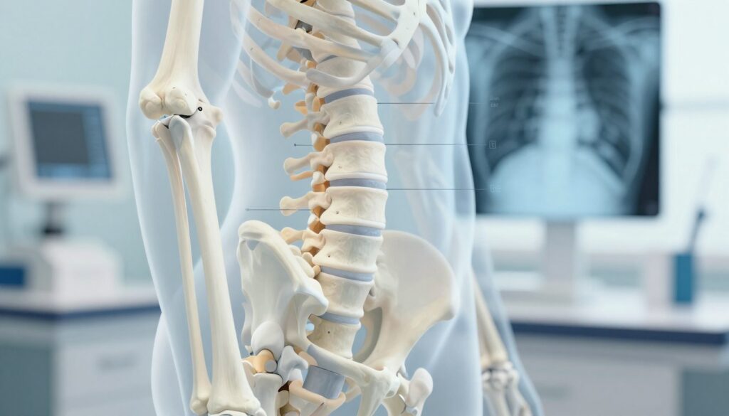 A detailed anatomical illustration highlighting bone density, featuring a close-up of a human skeleton's femur and spine, meticulously displaying various levels of bone density through color gradients. The foreground should showcase the skeletal structure with areas of healthy bone in bright white contrasting with regions of reduced density in softer grays, emphasizing the critical differences. In the middle ground, include a faint overlay of an X-ray image to suggest a radiological perspective, with subtle indicators of bone loss marked with labels. The background should consist of a blurred medical setting, hinting at diagnostic tools like X-ray machines in soft focus. Use soft, natural lighting to create a professional and educational atmosphere, ensuring clarity and precision in the anatomy details without any text or labels visible.