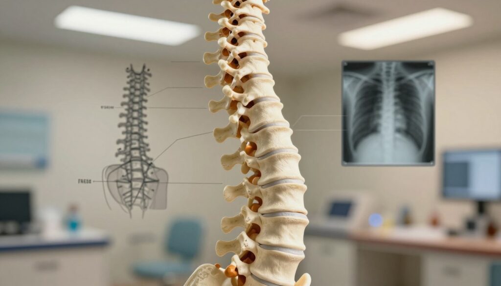 A detailed anatomical illustration of a human spine (kręgosłup), prominently displayed in the foreground. The spine should be highly detailed, showcasing its curves and vertebrae, rendered in a realistic style. The middle ground should include a subtle diagrammatic representation highlighting the differences between a standard X-ray and a functional diagnostic X-ray, with faint lines or arrows indicating movement. In the background, a soft, blurred medical setting with clinical lighting creates an informative, professional atmosphere. Use a warm tone to evoke trust and knowledge, with the lighting directed to enhance the textures of the spine. The angle should be slightly elevated, focusing on the spine as the centerpiece without any text or additional elements.